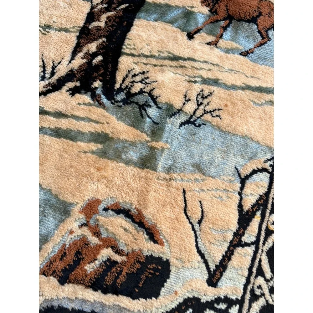 Vtg Velvet Deer Tapestry Wall Hanging Rug Buck Doe Winter Forest Scene 70 x 47" - Picture 6 of 16